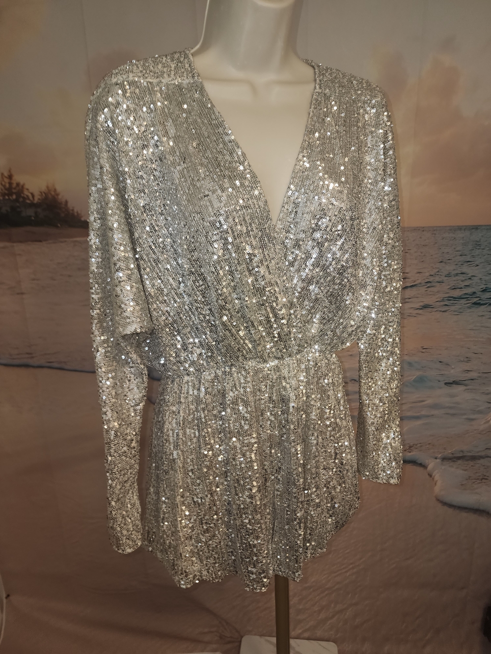 MAJE Silver Sequin V-Neck Women’s Party ROMPER SIZE 36 WOMANS SMALL Retail $415